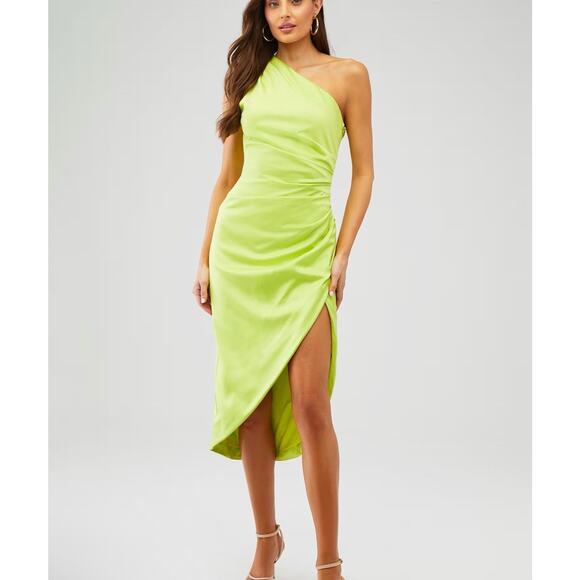 Elliatt Cassini Dress Neon Lime Green One Shoulder Pleated Side Zip Closure, XS - Picture 1 of 9